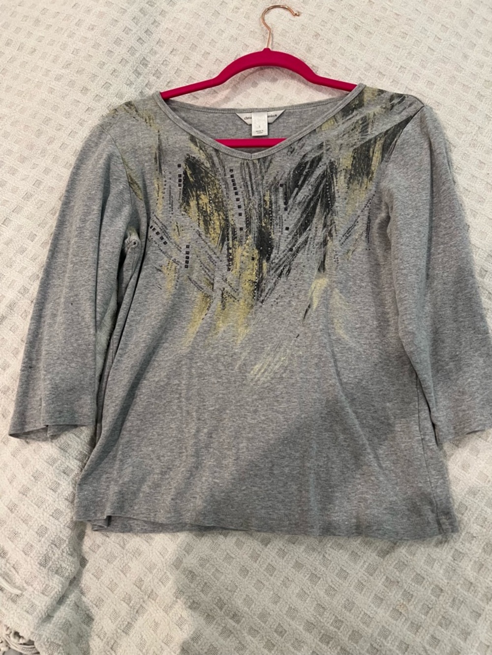 Christopher & Banks Gray Long-Sleeve Top with Black and Gold Graphic